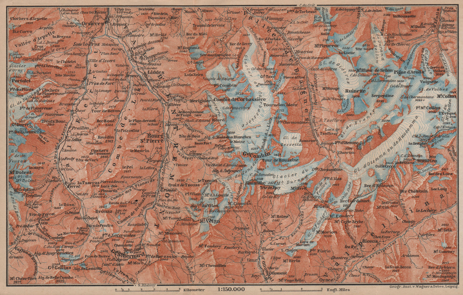 GRAND ST BERNARD ENVIRONS Arolla Grand Combin Massif Orsières Mt Velan 1899 map